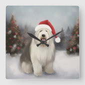 古英シェパード犬と雪のクリスマス スクエア壁時計 (正面)