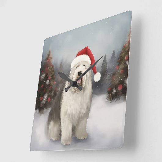 古英シェパード犬と雪のクリスマス スクエア壁時計 (傾斜)