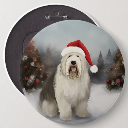 古英シェパード犬と雪のクリスマス 缶バッジ (正面&裏面)