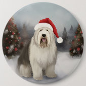 古英シェパード犬と雪のクリスマス 缶バッジ (正面)