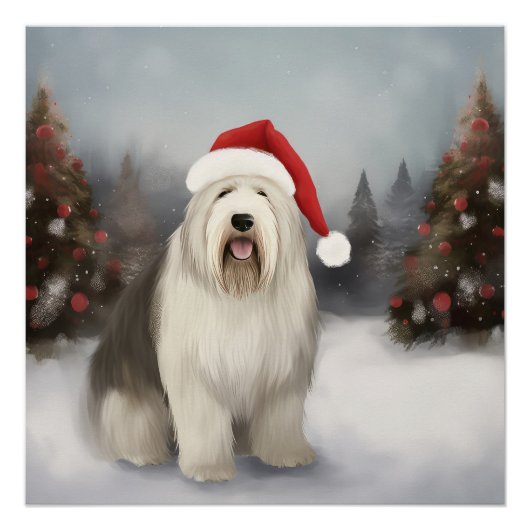古英語羊飼い犬と雪のクリスマス ポスター (正面)