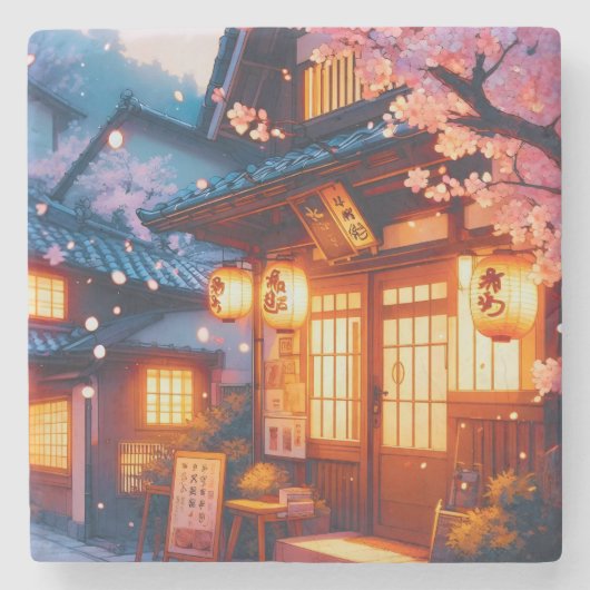 古都日本の桜夜景 ストーンコースター (正面)