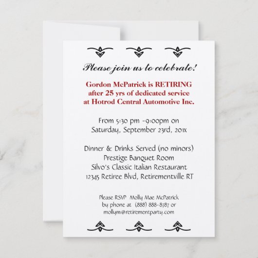 古顔の退職パーティーのクラシックは車を改造します 招待状 (裏面)