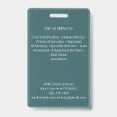 古風なプロフェッショナル ティール カスタム 印鑑証明サービス バッジ (裏面)