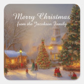 古風な村の風景に雪のクリスマスツリー スクエアシール (正面)