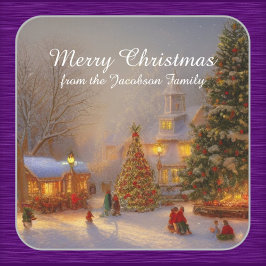 古風な村の風景に雪のクリスマスツリー スクエアシール