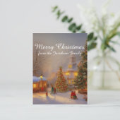 古風な村の風景に雪のクリスマスツリー ポストカード (スタンド正面)