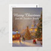 古風な村の風景に雪のクリスマスツリー ポストカード (正面/裏面)