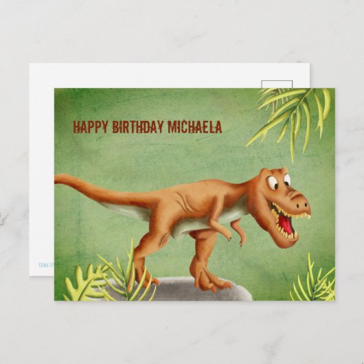 可パーソナライズされた愛いTレックス恐竜ハッピーバースデー ポストカード (正面/裏面)