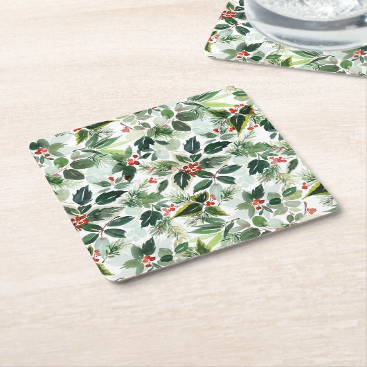 可変ウィンターベリーパターンクリスマス スクエアペーパーコースター (アングル)