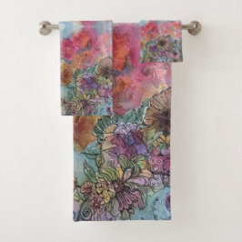 可愛いおしゃれな花の庭 水彩画 バスタオルセット