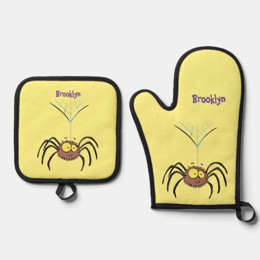 可愛いおもしろいふわふわ蜘蛛の漫画 鍋つかみ&鍋敷きセット (正面)