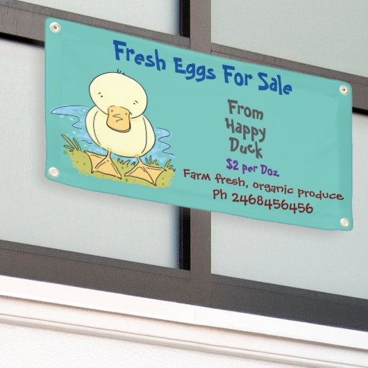 可愛いおもしろいアヒルの漫画の卵の販売看板 横断幕 (ビルの外側)