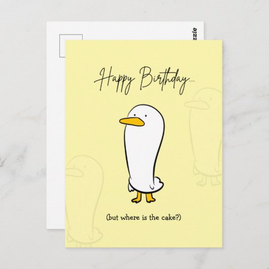 可愛いおもしろいアヒル誕生日カード – ケーキはどこ? ポストカード (正面/裏面)