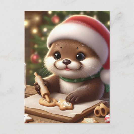 可愛いおもしろいオッターベーキングクリスマスクッキー ポストカード (正面)