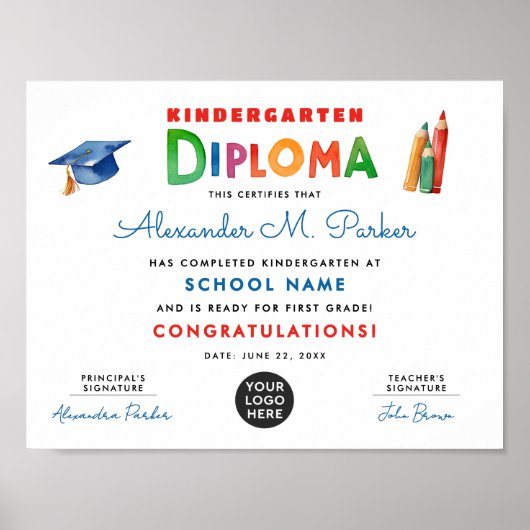 可愛いおもしろいカラフル幼稚園ロゴ卒業証書 ポスター (正面)