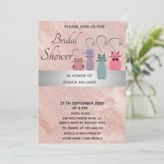 可愛いおもしろいカラフル猫バラ金ゴールド大理石 招待状 (スタンド正面)