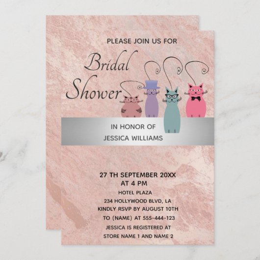 可愛いおもしろいカラフル猫バラ金ゴールド大理石 招待状 (正面/裏面)