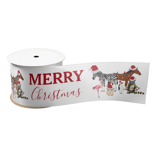 可愛いおもしろいクリスマス動物サンタ帽子の灯り サテンリボン (リール)