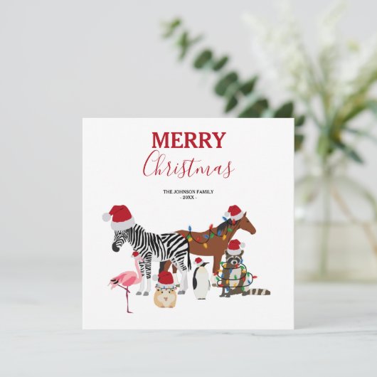 可愛いおもしろいクリスマス動物サンタ帽子の灯り シーズンカード (スタンド正面)