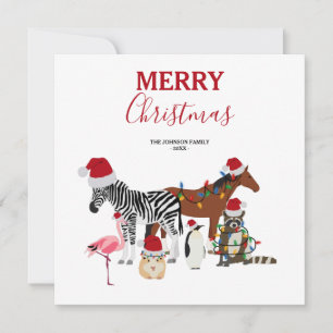 可愛いおもしろいクリスマス動物サンタ帽子の灯り シーズンカード