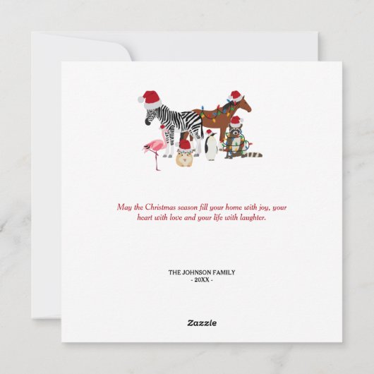 可愛いおもしろいクリスマス動物サンタ帽子の灯り シーズンカード (裏面)