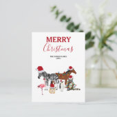 可愛いおもしろいクリスマス動物サンタ帽子の灯り シーズンポストカード (スタンド正面)