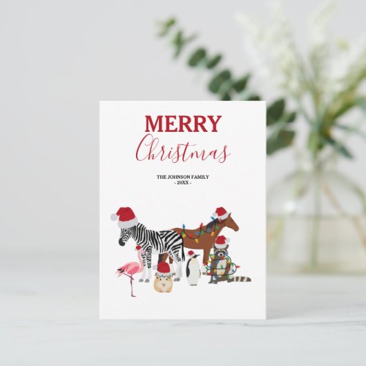 可愛いおもしろいクリスマス動物サンタ帽子の灯り シーズンポストカード (スタンド正面)