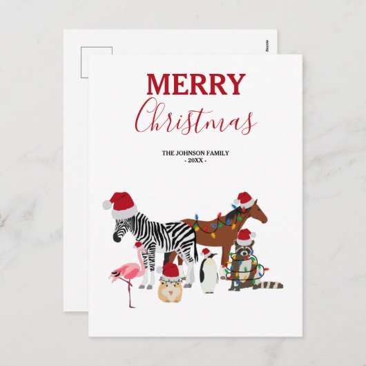 可愛いおもしろいクリスマス動物サンタ帽子の灯り シーズンポストカード (正面/裏面)