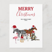 可愛いおもしろいクリスマス動物サンタ帽子の灯り シーズンポストカード (正面)