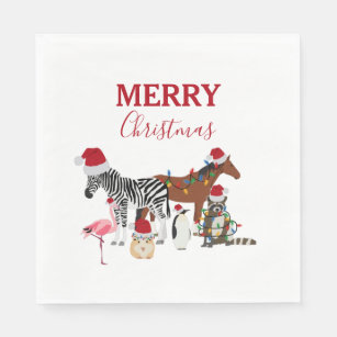 可愛いおもしろいクリスマス動物サンタ帽子の灯り スタンダードランチョンナプキン