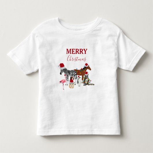 可愛いおもしろいクリスマス動物サンタ帽子の灯り トドラーTシャツ (正面)