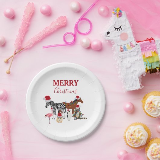 可愛いおもしろいクリスマス動物サンタ帽子の灯り ペーパープレート (パーティー)