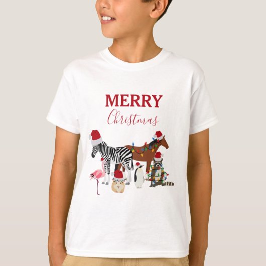 可愛いおもしろいクリスマス動物サンタ帽子の灯り Tシャツ (正面)
