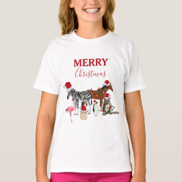 可愛いおもしろいクリスマス動物サンタ帽子の灯り Tシャツ