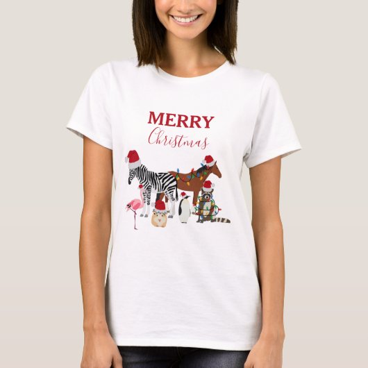 可愛いおもしろいクリスマス動物サンタ帽子の灯り Tシャツ (正面)