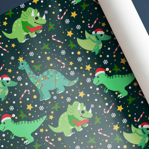 可愛いおもしろいクリスマス恐竜 ラッピングペーパー