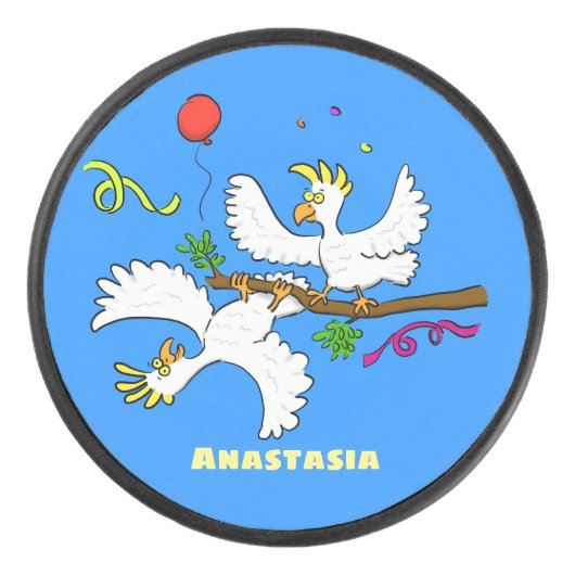 可愛いおもしろいコッカトゥーの鳥の漫画 アイスホッケーパック (正面)