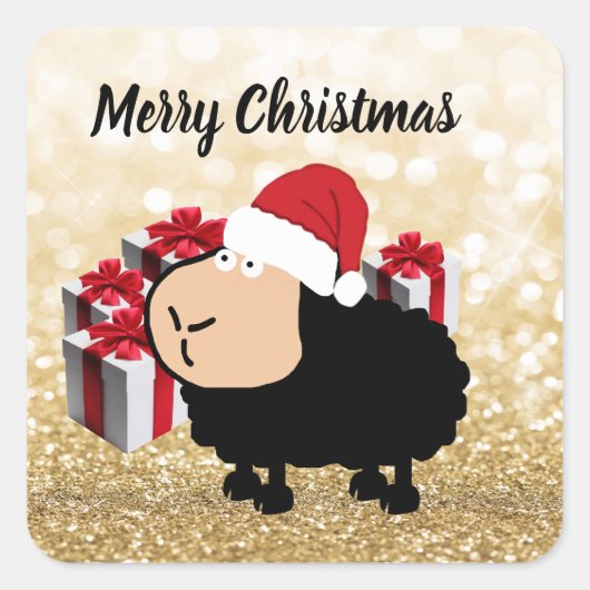 可愛いおもしろいサンタカートゥーンの羊のクリスマス スクエアシール (正面)