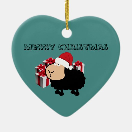 可愛いおもしろいサンタカートゥーンの羊のクリスマス セラミックオーナメント (正面)
