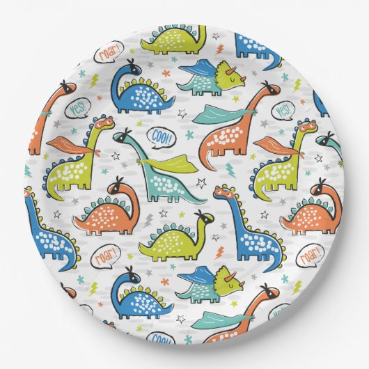 可愛いおもしろいスーパーヒーロー恐竜 ペーパープレート (正面)