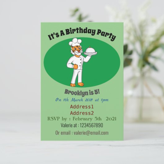 可愛いおもしろいタイガーシェフ漫画イラストレーション 招待状 (スタンド正面)