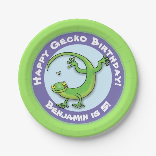 可愛いおもしろいパーソナライズされたグリーンゲッコ漫画の誕生日 ペーパープレート (正面)
