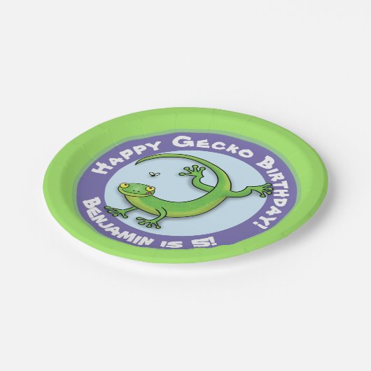 可愛いおもしろいパーソナライズされたグリーンゲッコ漫画の誕生日 ペーパープレート (アングル)
