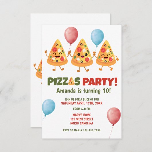 可愛いおもしろいピザキッド誕生日パーティーの招待状 招待状 (正面/裏面)