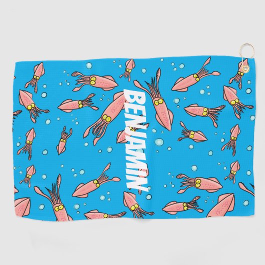 可愛いおもしろいピンクのイカ漫画 ゴルフタオル (横)