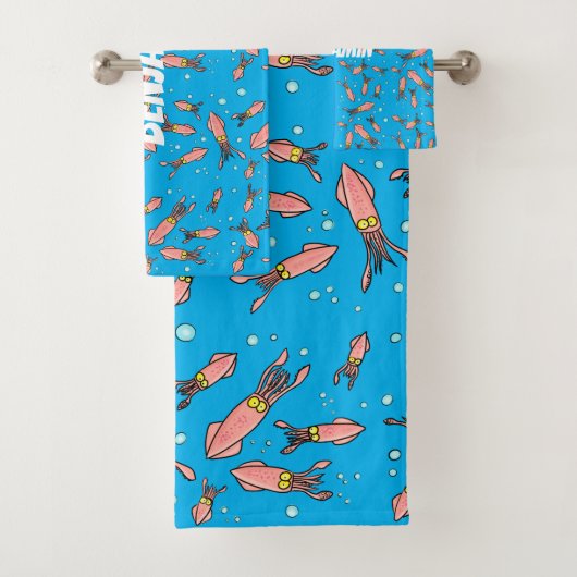 可愛いおもしろいピンクのイカ漫画 バスタオルセット (インサイチュ)