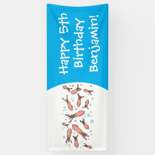 可愛いおもしろいピンクのイカ漫画 横断幕 (縦)