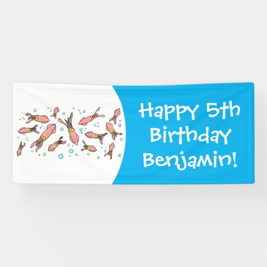 可愛いおもしろいピンクのイカ漫画 横断幕 (横)