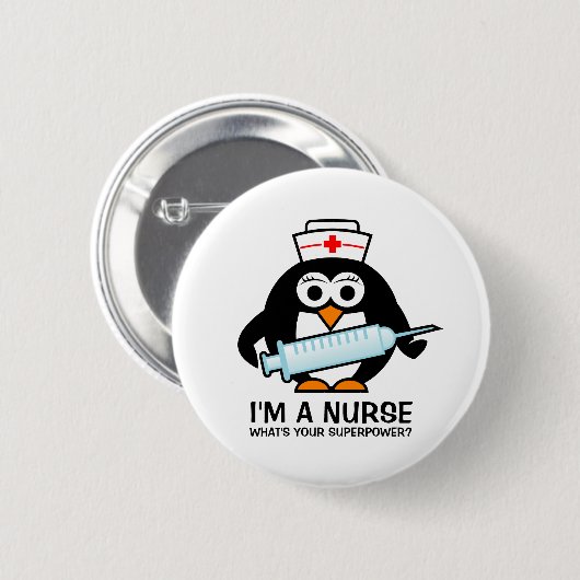 可愛いおもしろいペンギンの看護ボタンナース 缶バッジ (正面&裏面)